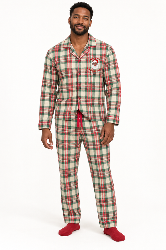 Cozy Claus Men’s Bamboo Pajamas – Black Santa Plaid