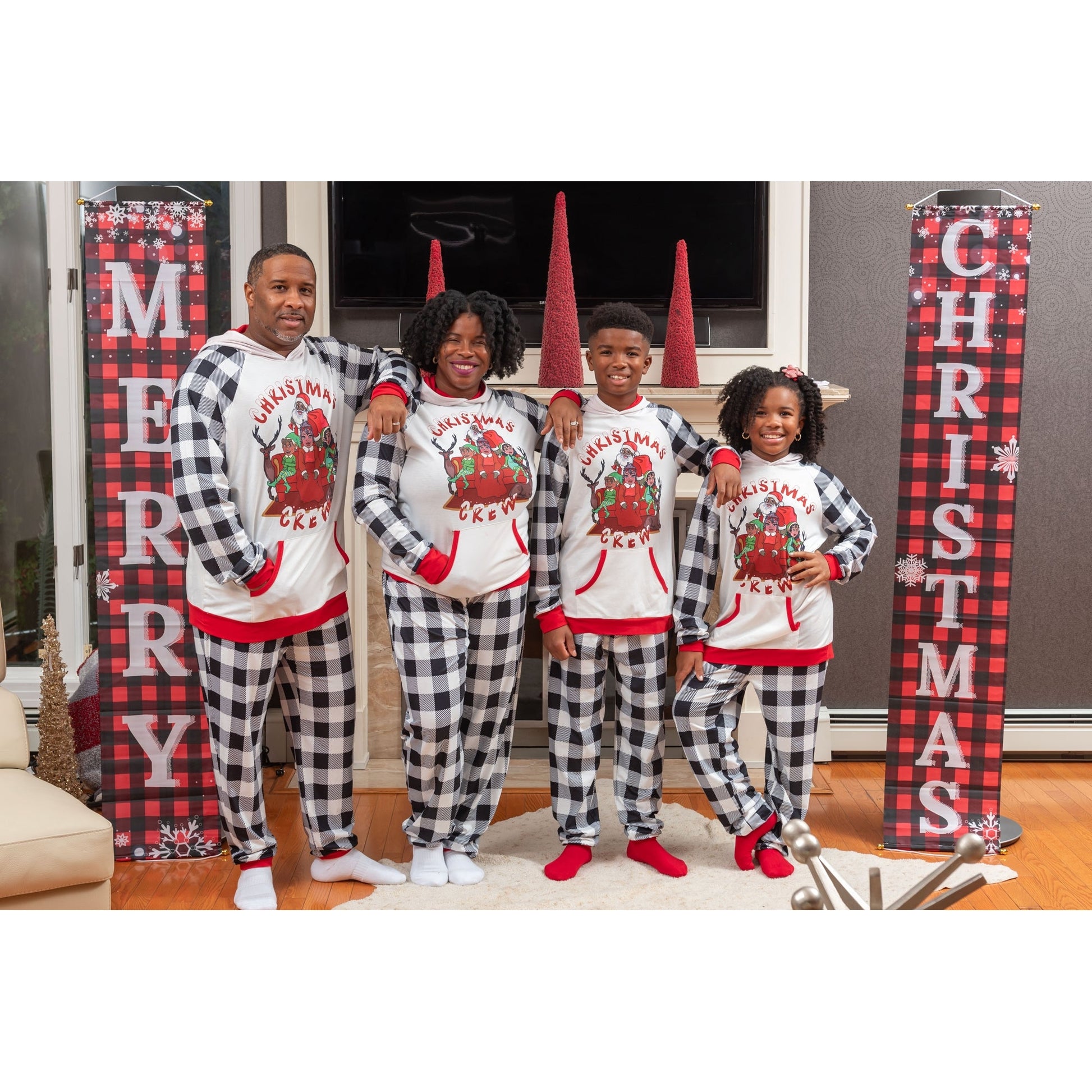 Black Santa Claus Black And White Plaid Family Christmas Pajamas