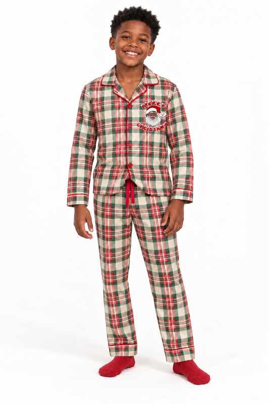 Cozy Claus Children’s Unisex Bamboo Pajamas – Black Santa Plaid-Pre Order